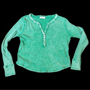 Zenana Washed Baby Waffle Henley Long Sleeve Top Large